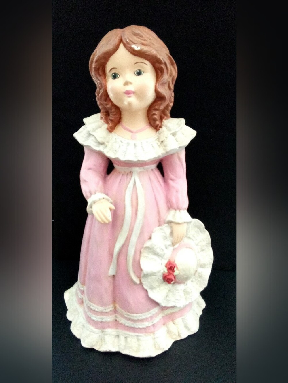 Vintage 14" Ceramic Hand-Painted Figurine Girl Pink Dress Hat Cottage Nostalgia
